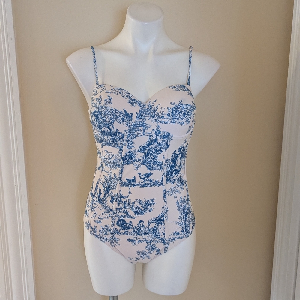 Blue and cream abstract print one piece bathing suit size XL